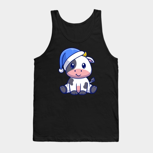 Cute Cow Winter Sitting With Beanie Hat Cartoon Tank Top by Catalyst Labs